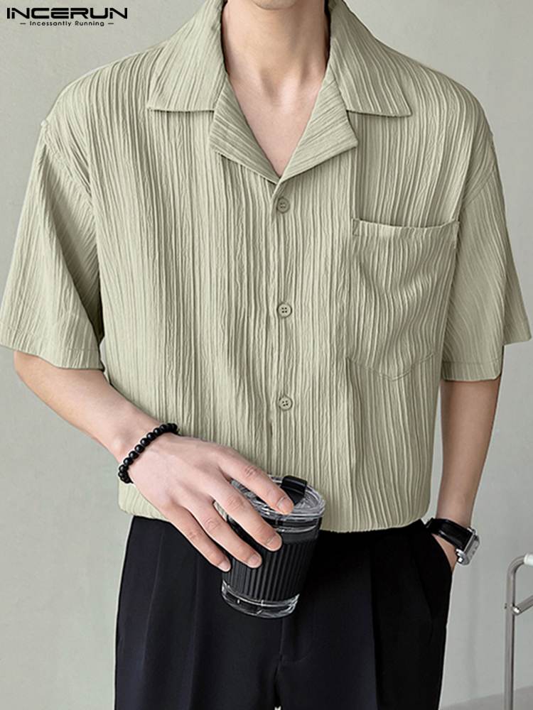 남성 셔츠 폴드 스트라이프 옷깃 짧은 소매 단추 Streetwear 캐주얼 셔츠 2022 여름 레저 남성 의류 S-5XL INCERUN